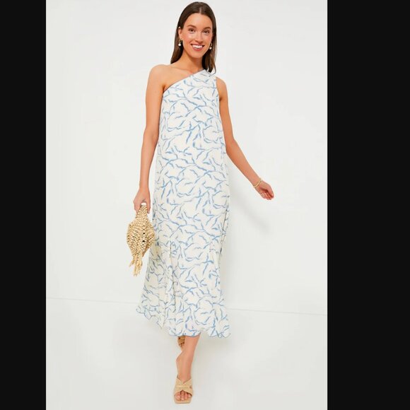 Tuckernuck Cream & Blue Seaside Sabine Dress, One Shoulder, XS, Cream and Blue - Picture 1 of 6